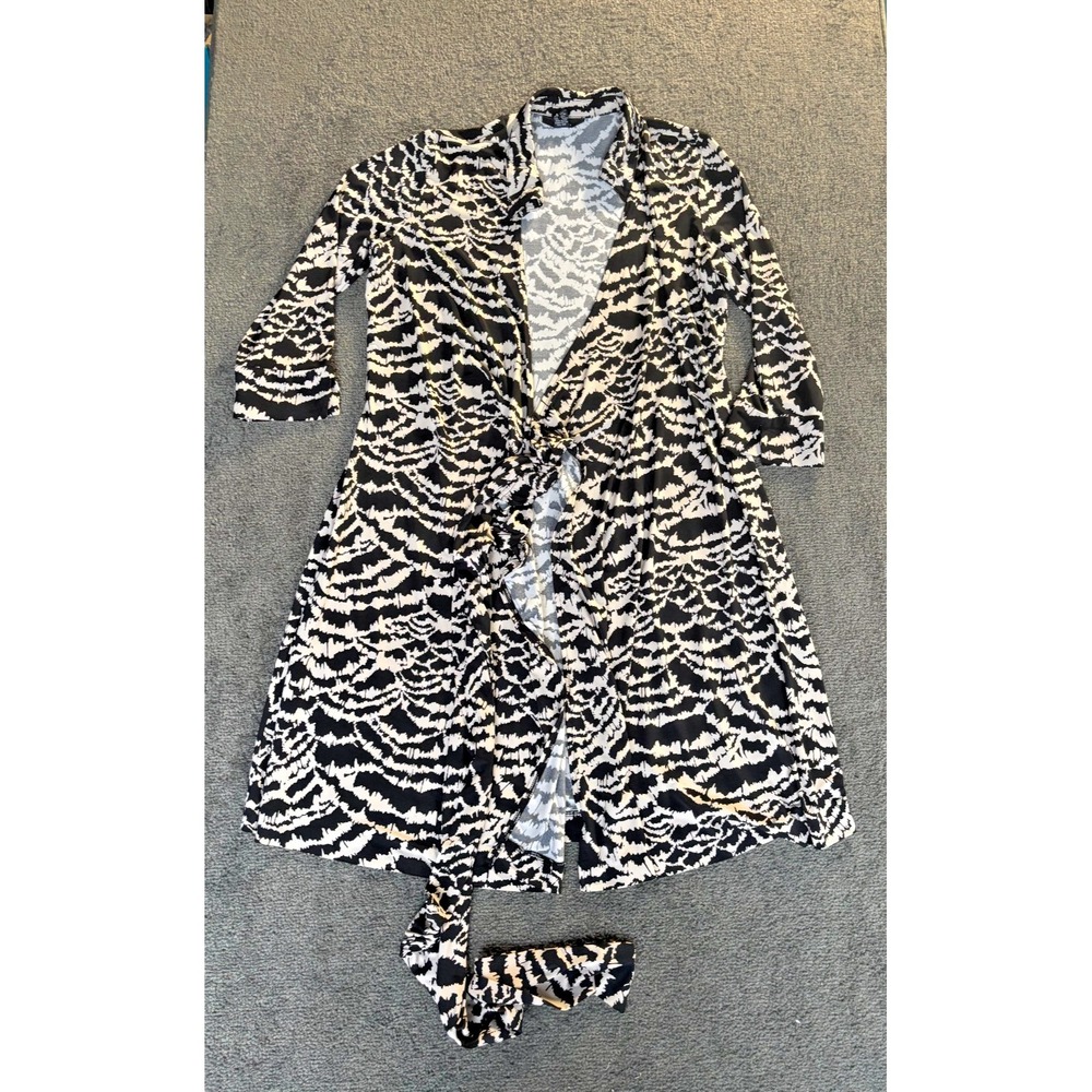 Alfani Wrap Cardigan Women Medium Black Beige Abstract Polyester Stretch Knotted